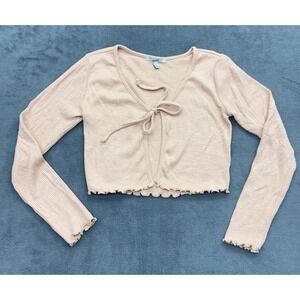 Papaya Peach Ribbed Tie Front Cropped Cardigan Sweater Long Sleeve Women's L